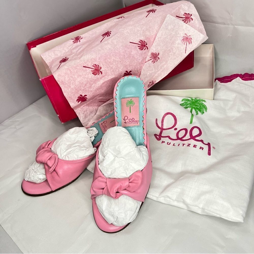 Lilly Pulitzer Women's Napa Sandals Slides Hibiscus Pink Leather Bow Kitten Heel - Picture 5 of 10